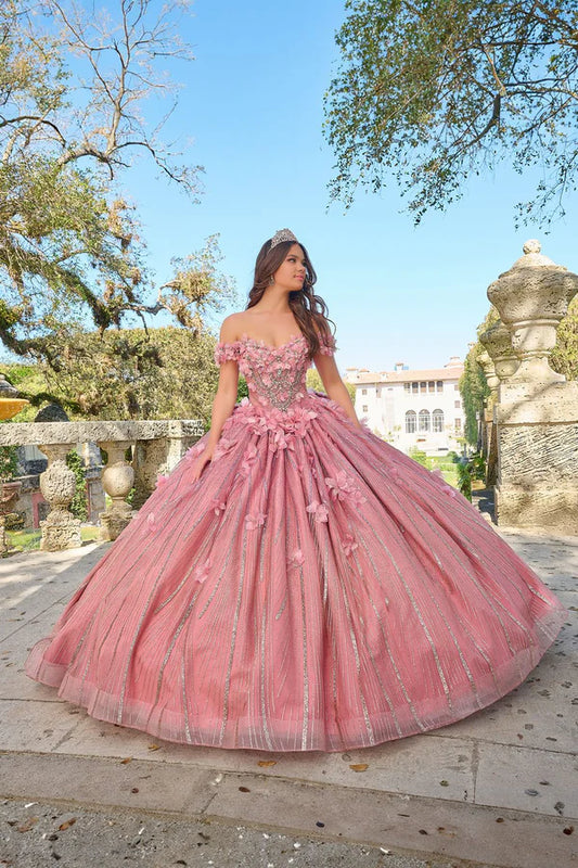 Dreamy 3D Floral Off-the-Shoulder Glitter Sweet 15 Quinceanera Ball Gown DP8175