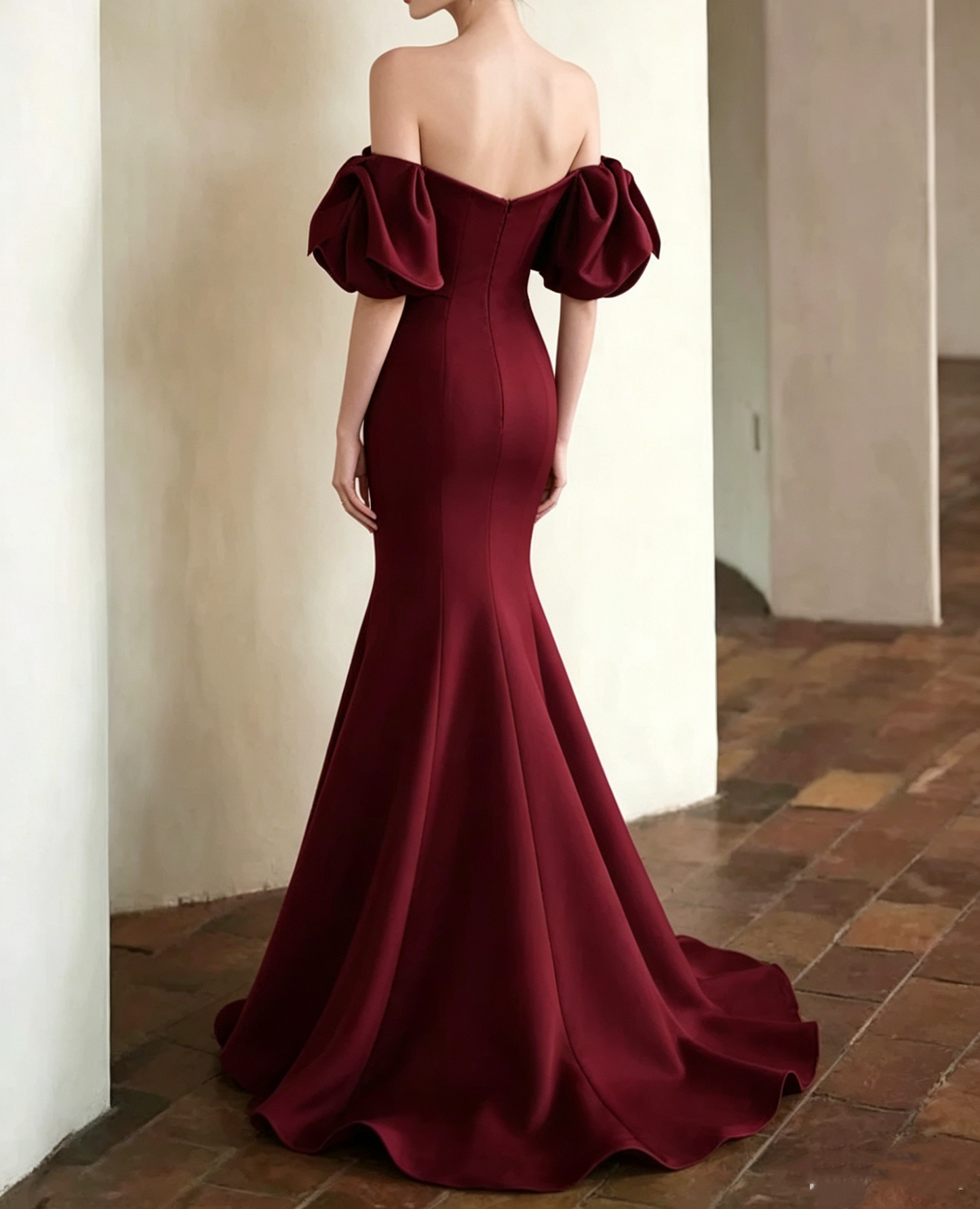 Elegant Burgundy Satin Off-the-Shoulder Sweetheart Mermaid Ruffle Sleeves Evening Gown DP8575