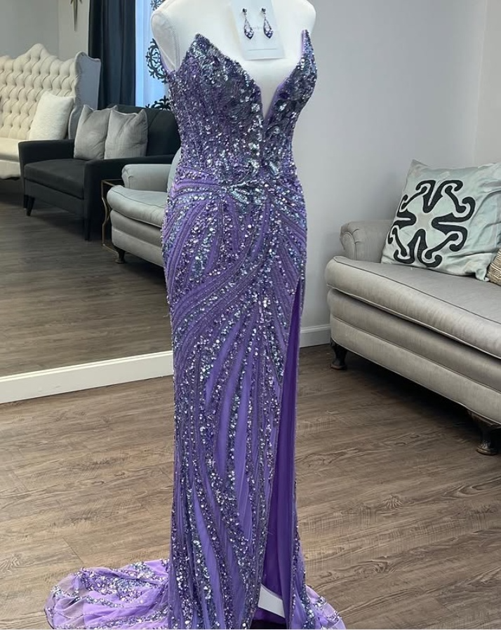 Blue Strapless Sequins Mermaid Long Prom Dress with Split, DP4117