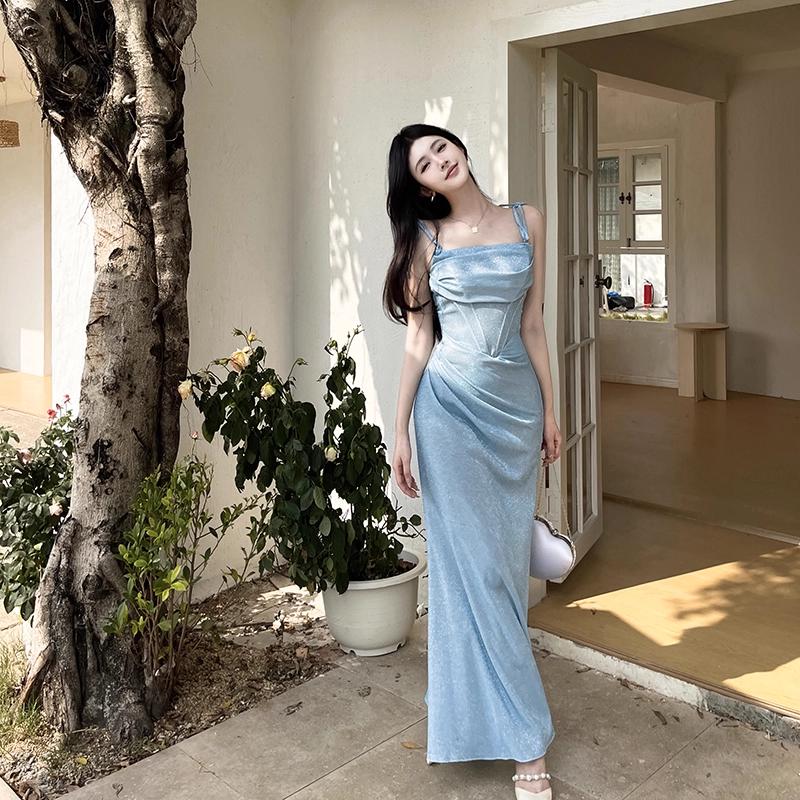 Vintage Glänzendes Hellblaues Spaghettiträger Meerjungfrau Langes Sommerkleid Ballkleid Abendkleid DP6398