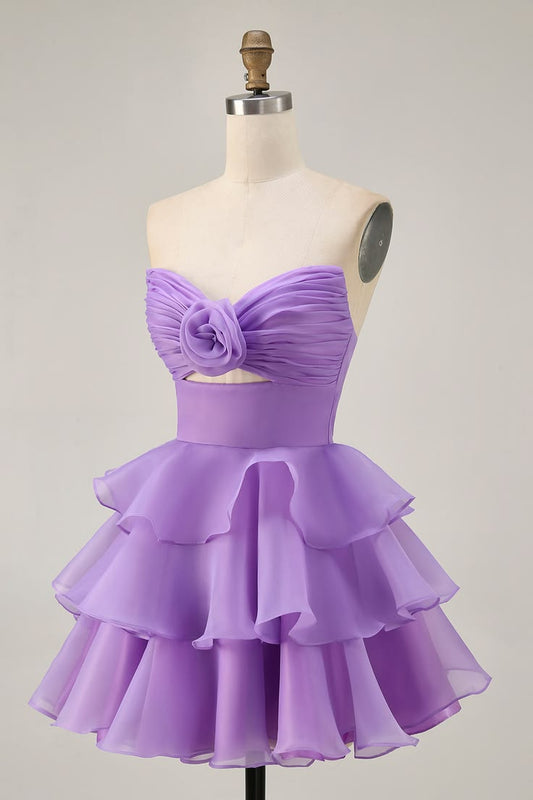 Elegant Lavender Organza Strapless Sweetheart Mini 3D Rose Tiered Ruffle Short A-Line Homecoming Dress DP8729