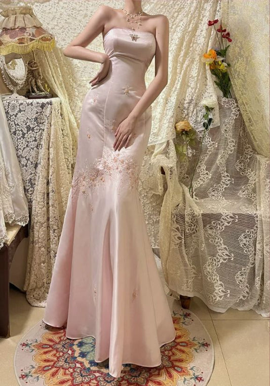 Vintage Pink Satin Embroidery Strapless Mermaid Long Prom Dress Evening Dress, DP6531