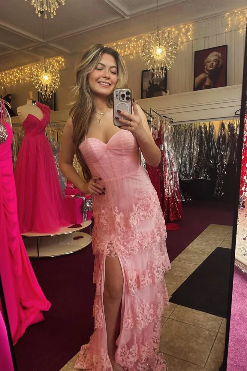 Pink Spaghetti Straps Tiered Long Prom Dress with Slit, DP2600