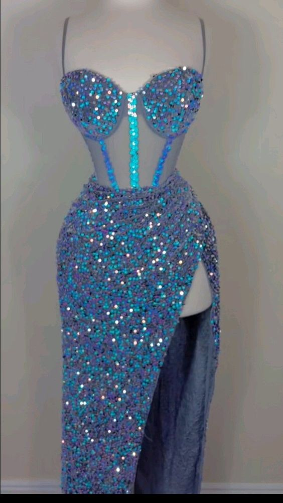 Sexy blaues langes Partykleid mit Spaghettiträgern und Pailletten und Schlitz DP3840