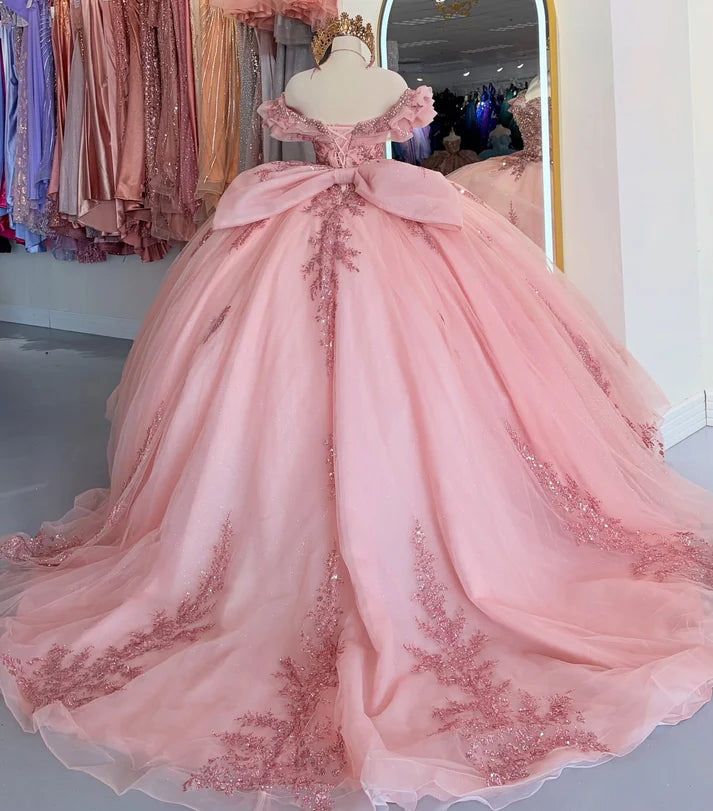 Glamorous Pink Tulle Beaded Appliqued Off-Shoulder Sweetheart Quinceanera Sweet 15 Ball Gown DP7184
