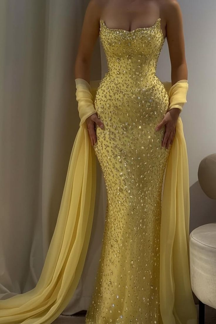 Glamorous Yellow Beaded Mermaid Chiffon Shawl Evening Gown DP8014