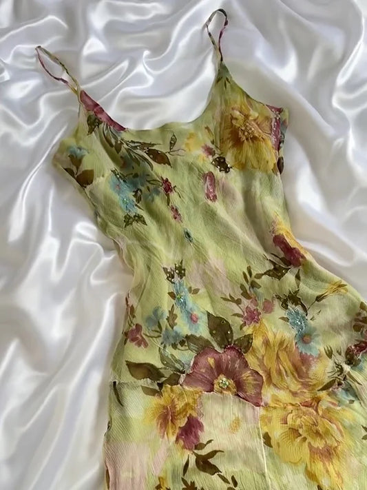 Vintage Floral Chiffon Spaghetti Strap Homecoming Dress Party Dress Cocktail Dress DP6675