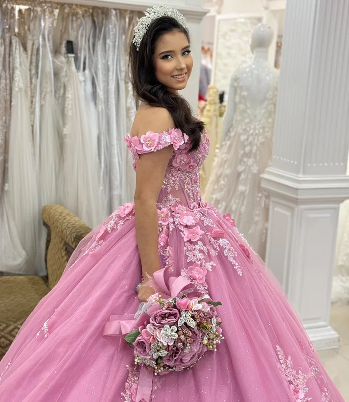 Chic Pink Tulle Appliqued Off-Shoulder Sweetheart Quinceanera Sweet 15 Ball Gown DP7188
