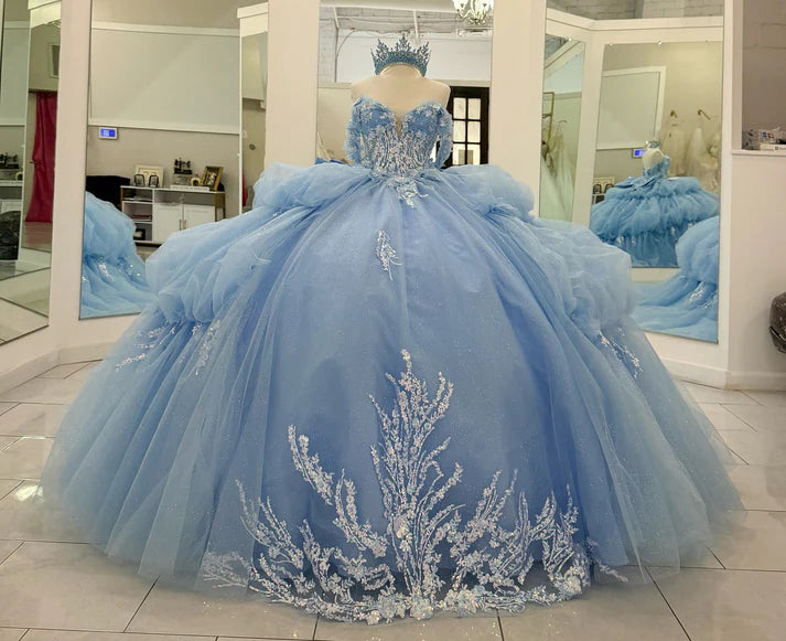 Glamorous Sky Blue Off-Shoulder Beaded Applique Sweetheart Quinceanera Sweet 15 Ball Gown DP7182