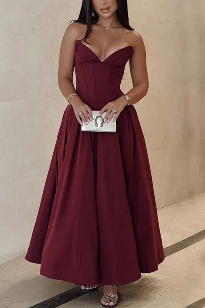 Strapless A-Line Elegant Long Party Gown Wedding Guest Dress, DP3475