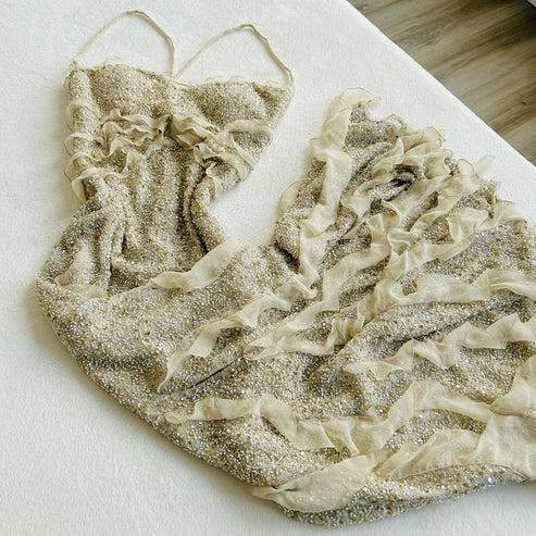 Shiny Vintage Straps Ruffles Beautiful Long Evening Dress, DP2513