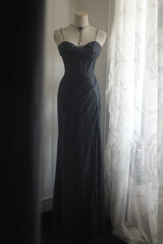 Glamorous Black Sequin Spaghetti Strap Bodice High Slit Prom Dress DP7645