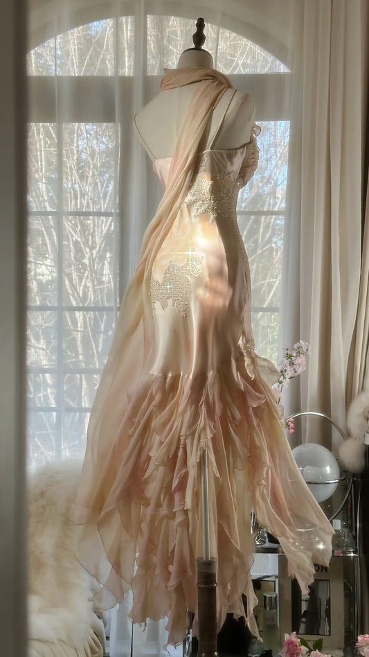 Robe de soirée romantique en mousseline de soie, style sirène vintage, motif floral perlé, robe de bal DP6019