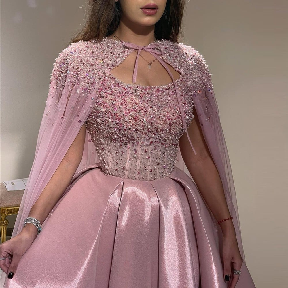 Pink Off Shoulder Beading Midi Length Evening Party Dress with Cape,DP1139