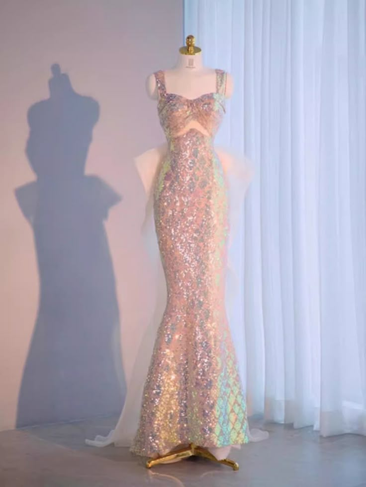 Shiny Pink Sequins Mermaid Long Prom Dress with Detachable Bowknot, DP3650