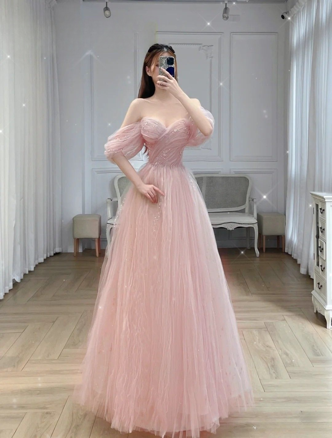 Rosa schulterfreies A-Linien-Tüll-Ballkleid, langes Abendkleid, DP3965