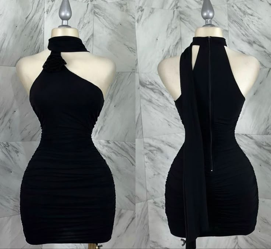 Charming Red Halter Satin Short Evening Party Dress, DP4018