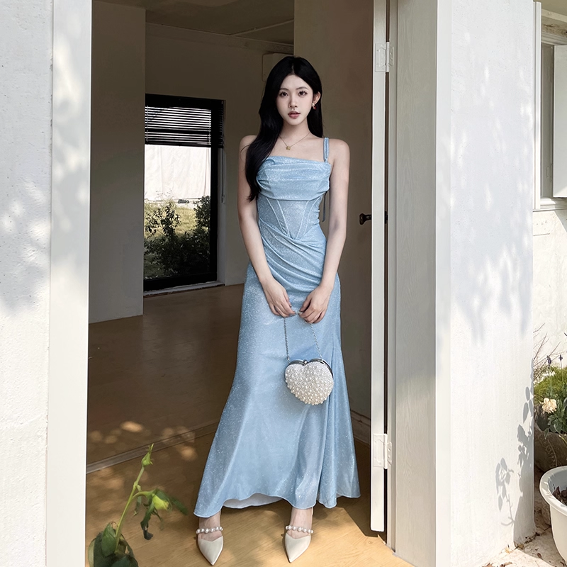 Vintage Glänzendes Hellblaues Spaghettiträger Meerjungfrau Langes Sommerkleid Ballkleid Abendkleid DP6398