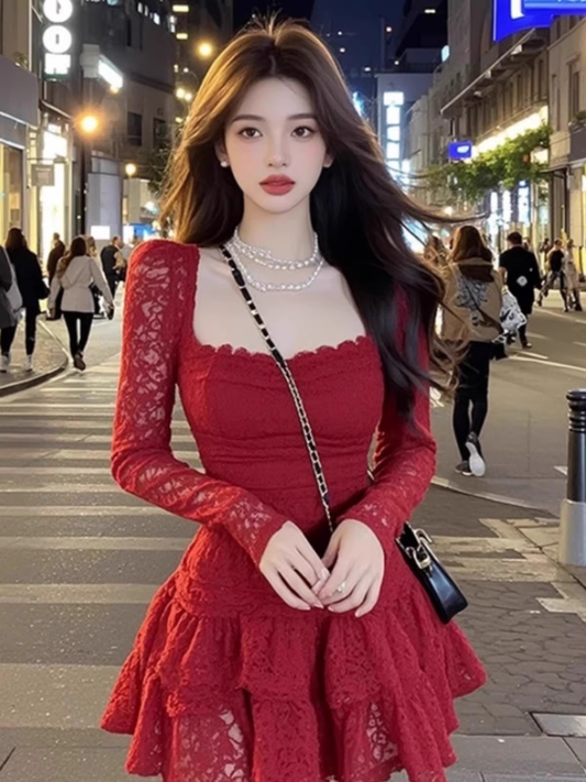 Vintage Burgundy Lace Long-sleeve A-Line Tiered Homecoming Dress Party Dress Cocktail Dress DP6706