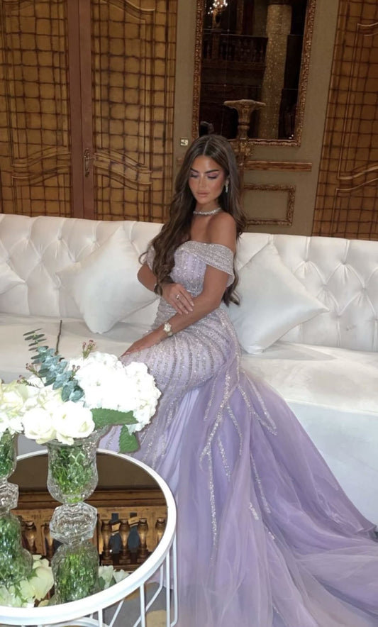 Chic Lilac Glittering Sequin Prom Dress Sheath Evening Dress Off-the-shoulder Party Dress Long Formal Dress DP6876