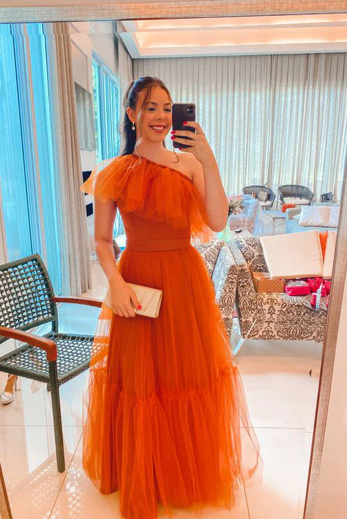 Robe de bal longue en tulle orange brûlé, asymétrique, coupe trapèze, robe de cérémonie, DP3541