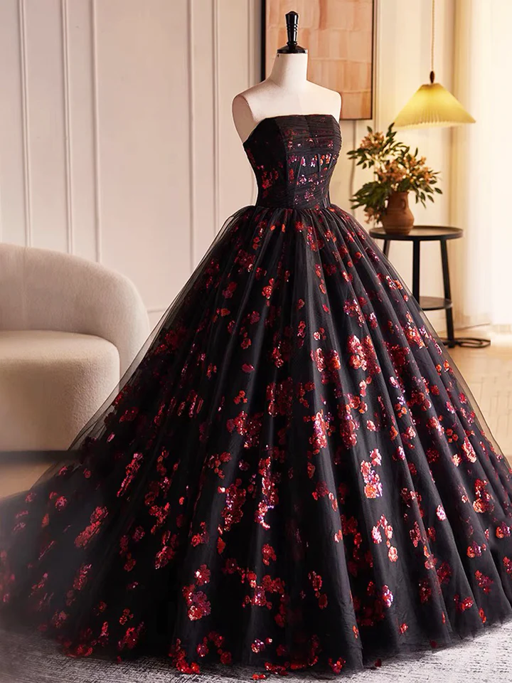 Robe de soirée trapèze bustier en tulle noir et paillettes rouges, DP2479