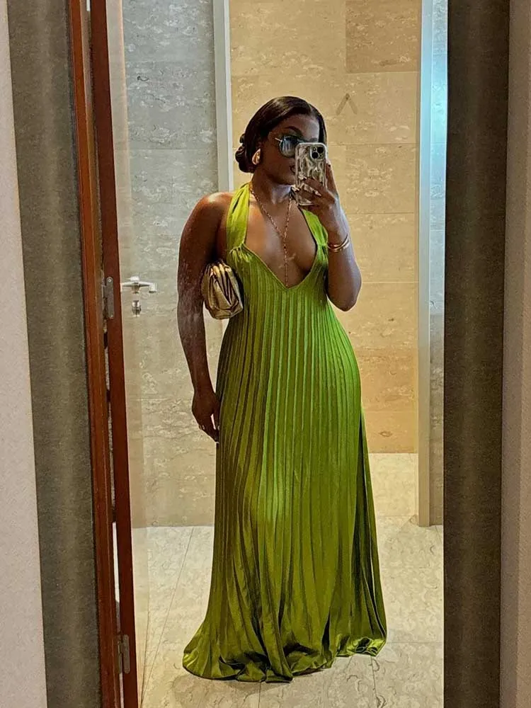 Green Halter Satin Backless Long Party Dress Pleated Fashion Dress, DP DSProm Green Halter Satin Backless Long Party Dress Pleated Fashion Dress, DP DSProm