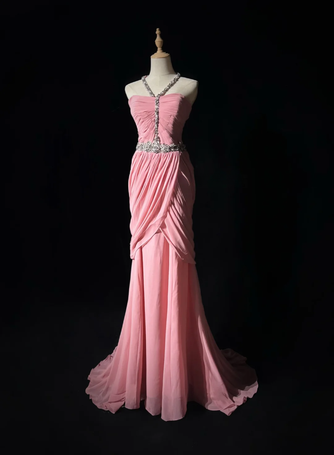 Pink Halter Neck Mermaid Chiffon Beading Vintage Long Evening Party Dress, DP5326