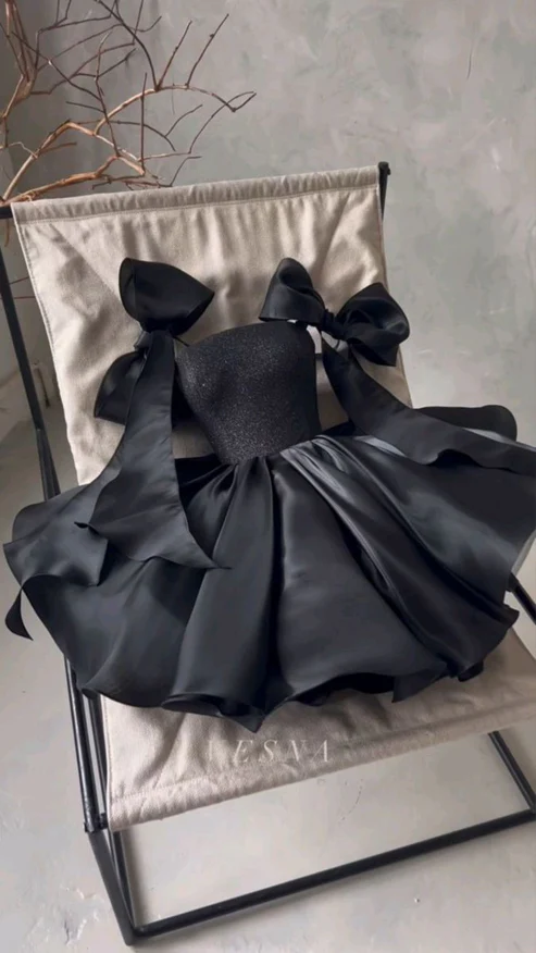 Robe de soirée courte noire coupe trapèze, robe d'anniversaire princesse, DP2812