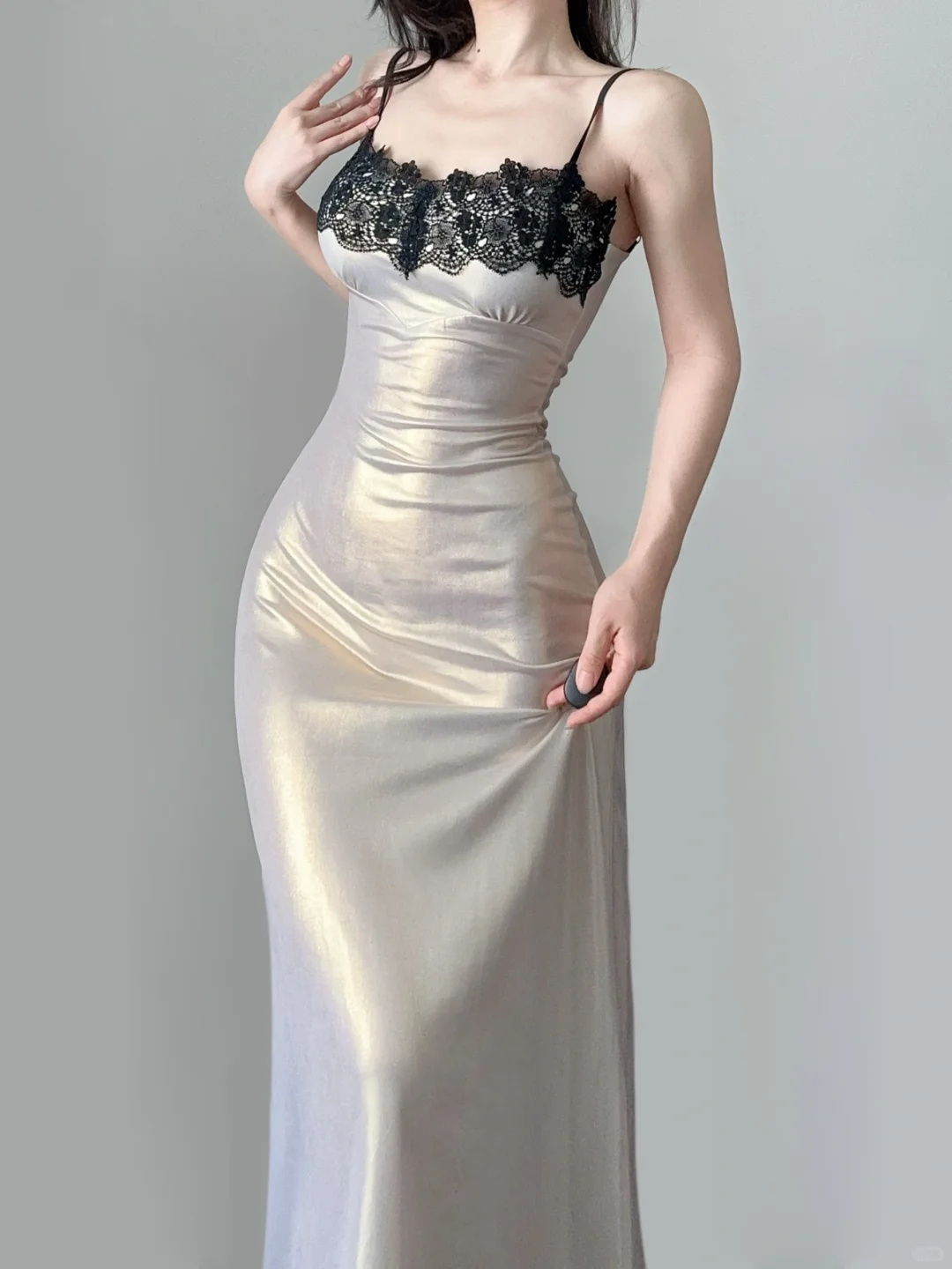 Sexy Champagne Spaghetti Straps Sheath Lace Satin Long Evening Party Dress, DP5367