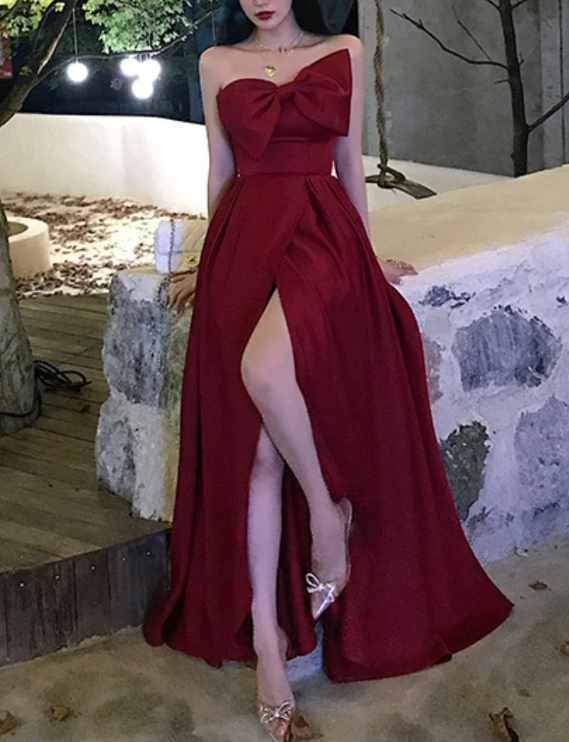 Charmante robe de soirée longue rouge bustier coupe trapèze, robe d'anniversaire, DP2945