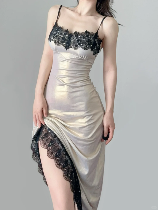 Sexy Champagne Spaghetti Straps Sheath Lace Satin Long Evening Party Dress, DP5367