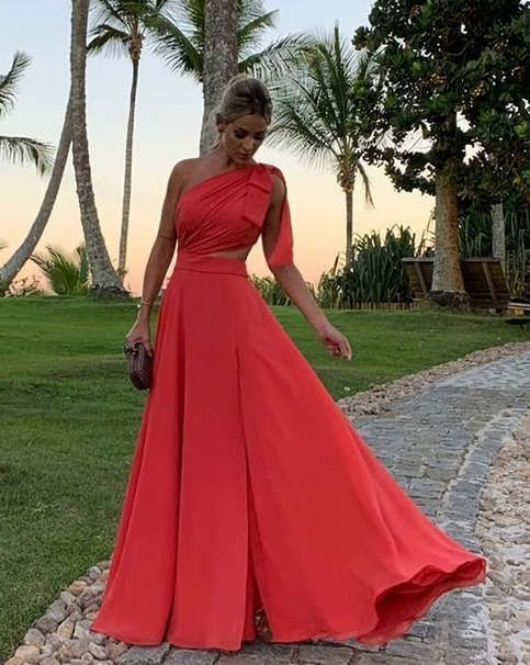 Elegantes One-Shoulder A-Linie Langes Partykleid Hochzeitsgastkleid, DP2980