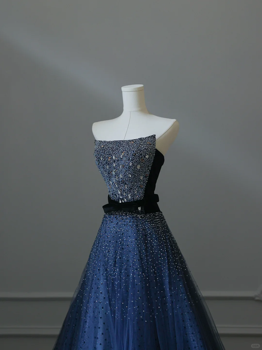 Dark Blue Strapless A-Line Beading Tulle Long Formal Prom Dresses Birthday Outfits, DP5139