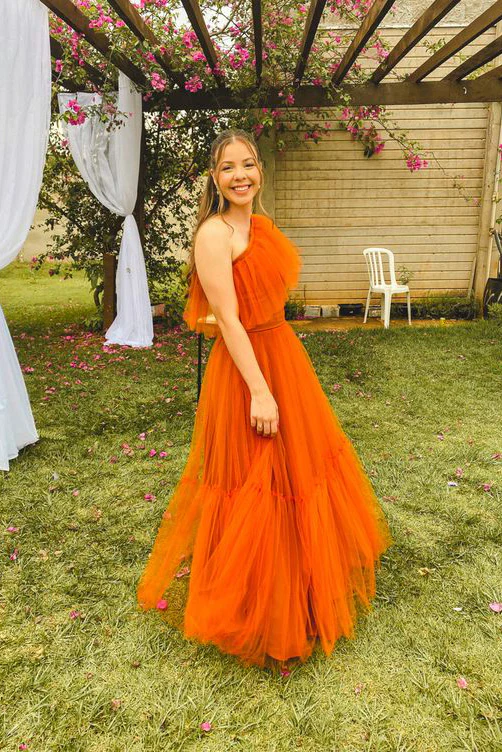 Robe de bal longue en tulle orange brûlé, asymétrique, coupe trapèze, robe de cérémonie, DP3541