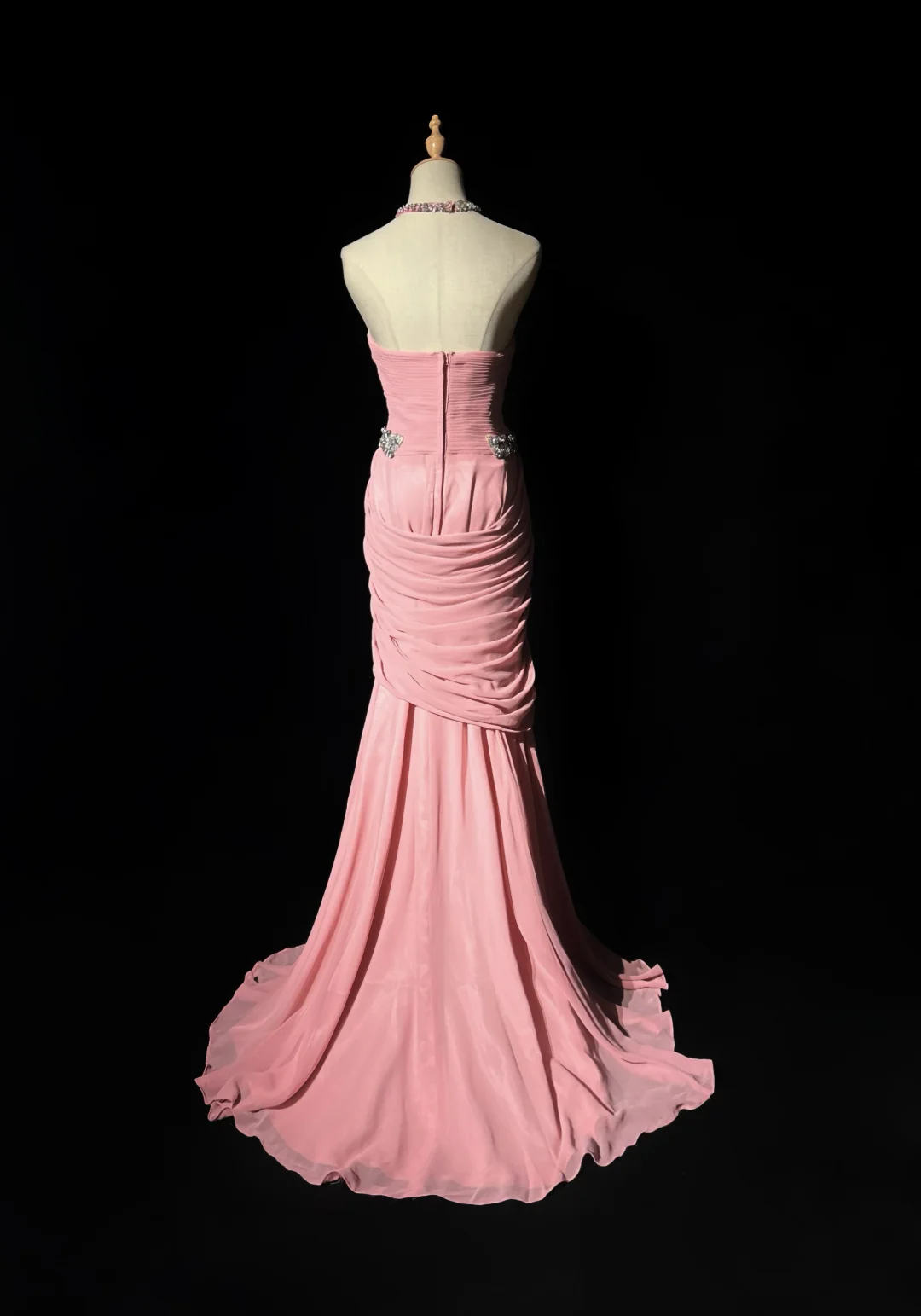 Pink Halter Neck Mermaid Chiffon Beading Vintage Long Evening Party Dress, DP5326