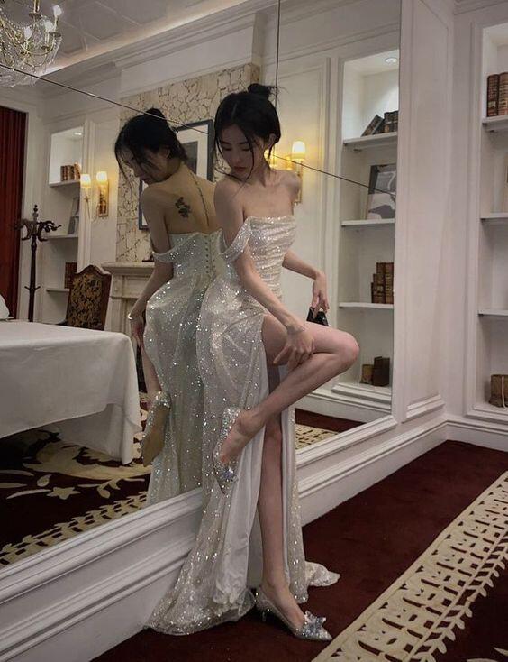 Robe de soirée longue à paillettes, épaules dénudées, coupe trapèze, tenue d'anniversaire, DP3315