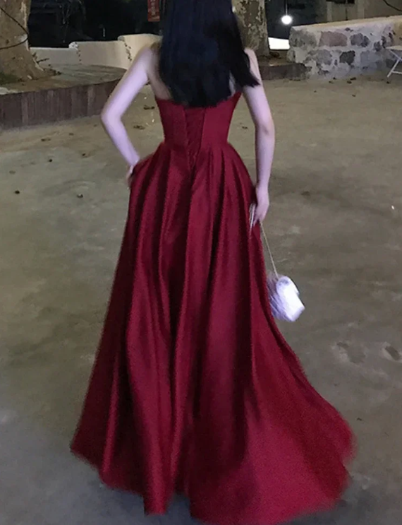 Charmante robe de soirée longue rouge bustier coupe trapèze, robe d'anniversaire, DP2945