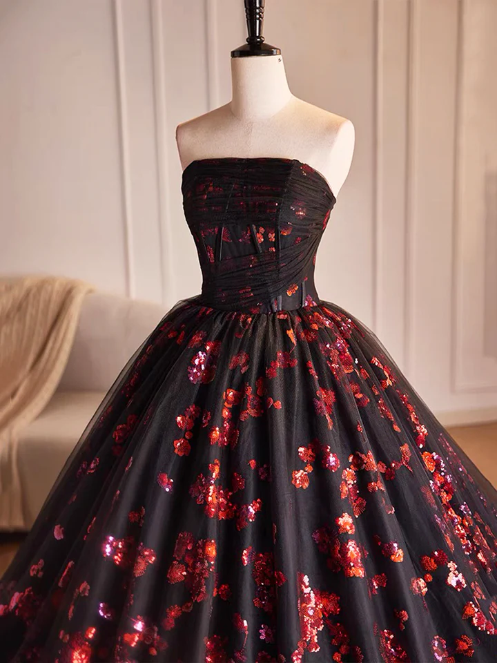 Robe de soirée trapèze bustier en tulle noir et paillettes rouges, DP2479