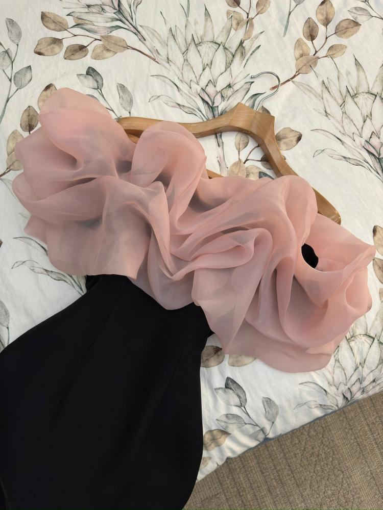 Schwarzes und rosa schulterfreies Meerjungfrauen-Partykleid mit langen Ärmeln, Geburtstagsoutfits, DP3481