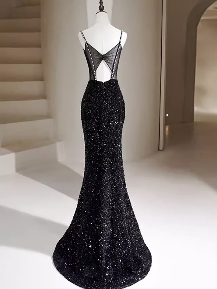 Schwarzes, glitzerndes Meerjungfrauen-Abendkleid mit Riemchen, DP3215