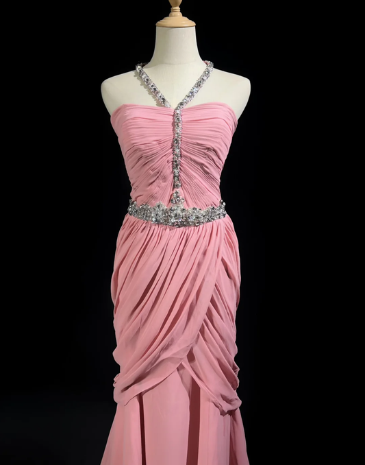 Robe de soirée longue style sirène rose à col licou et perles, style vintage, DP5326