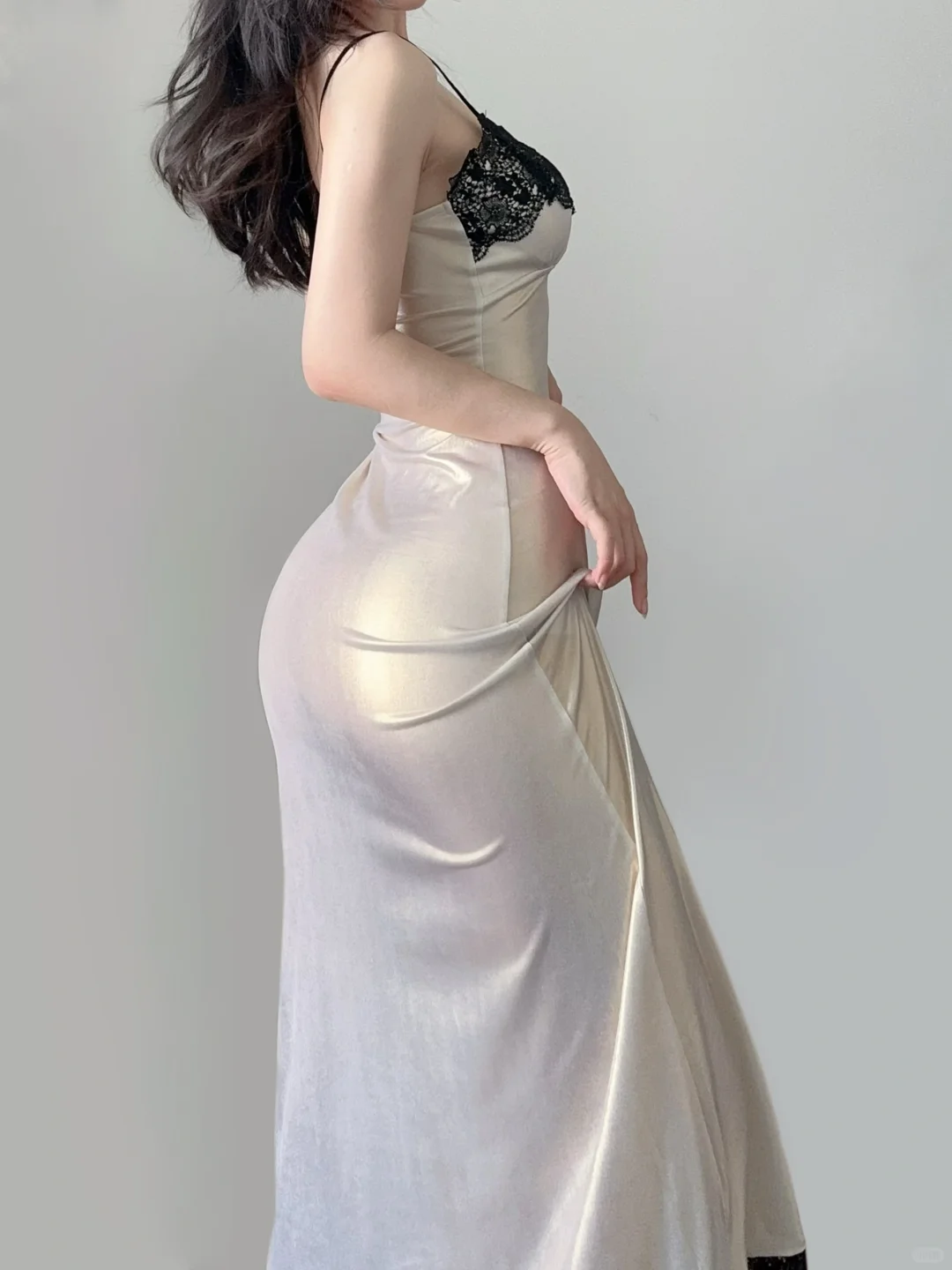 Sexy Champagne Spaghetti Straps Sheath Lace Satin Long Evening Party Dress, DP5367