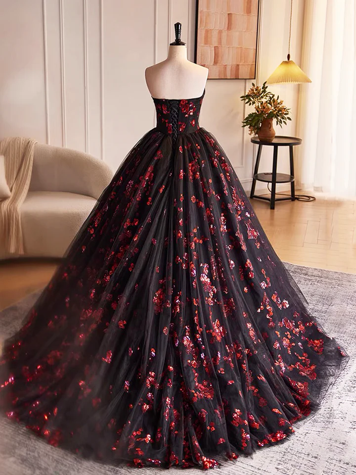 Robe de soirée trapèze bustier en tulle noir et paillettes rouges, DP2479