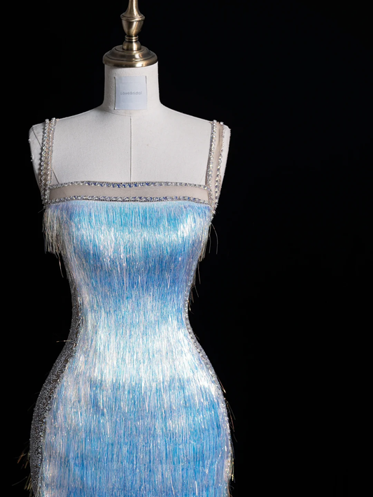 Fariy Blue Straps Mermaid Tassel Long Evening Party Dresses Birthday Outfits, DP5459