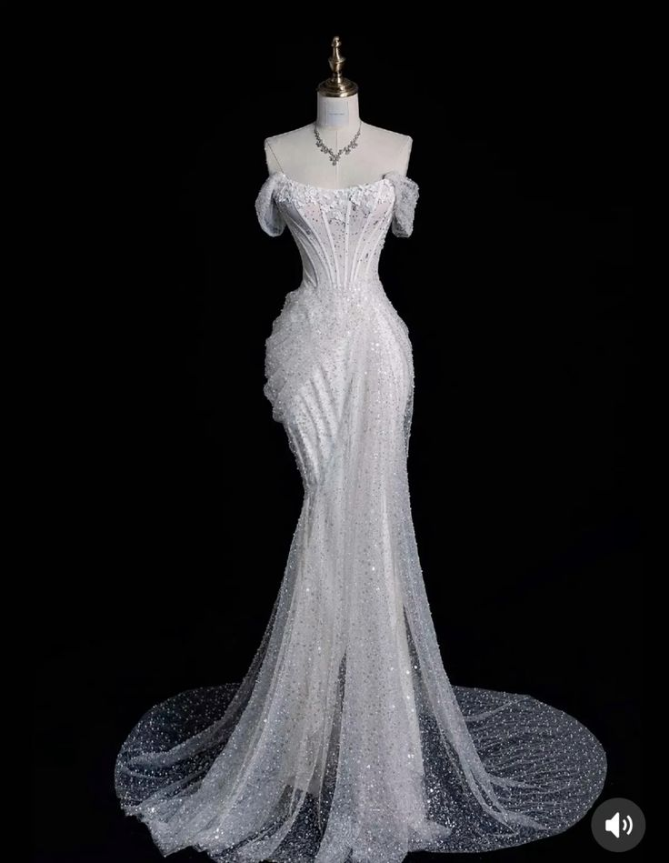 White Off Shoulder Sequins Mermaid Long Prom Dress Wedding Dress, DP3655
