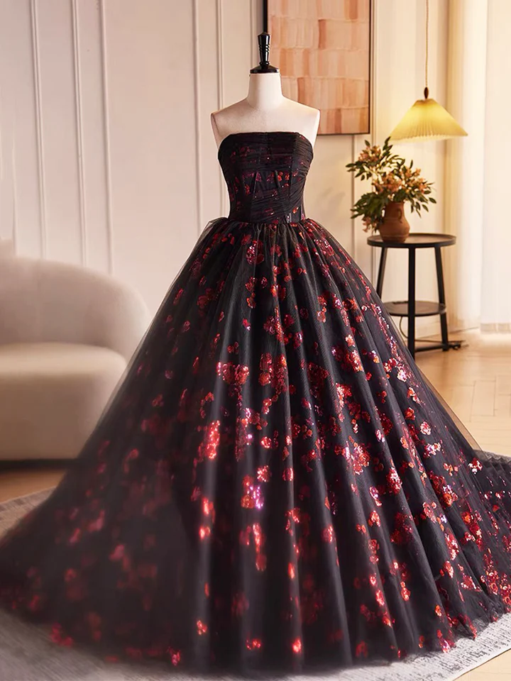 Robe de soirée trapèze bustier en tulle noir et paillettes rouges, DP2479