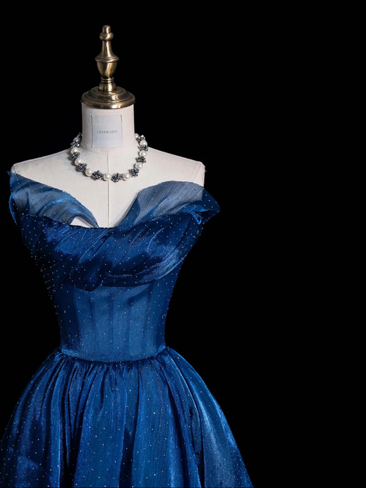 Dark Blue Strapless A-Line Polka Dots Long Party Dress Birthday Outfits, DP5116