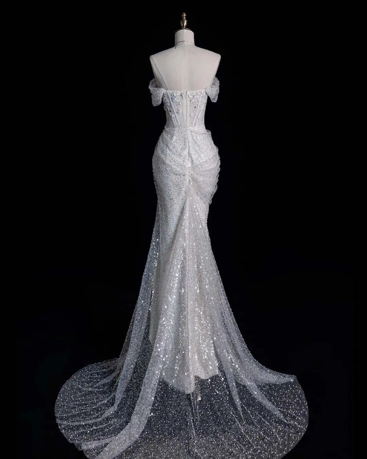 White Off Shoulder Sequins Mermaid Long Prom Dress Wedding Dress, DP3655