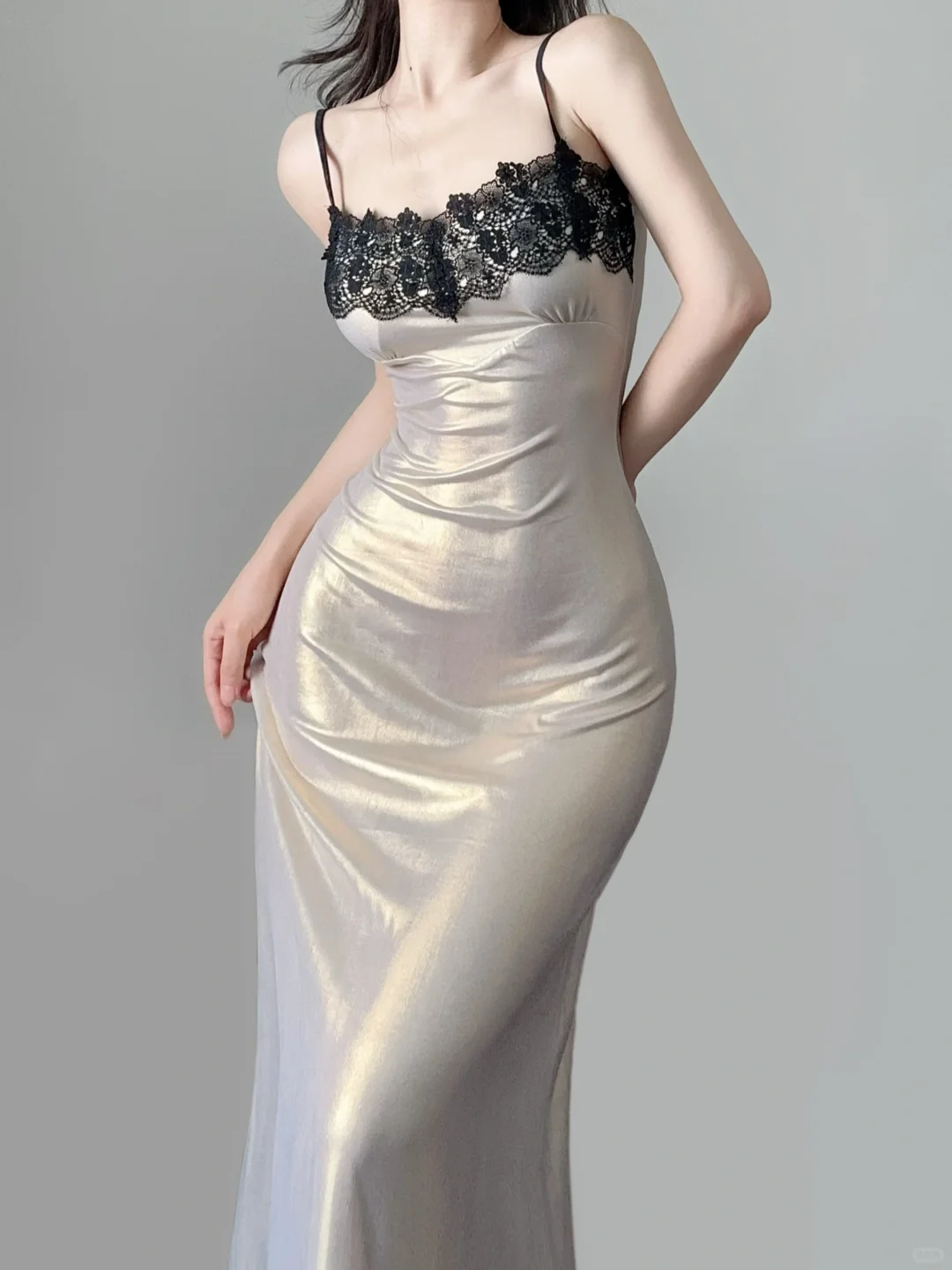 Sexy Champagne Spaghetti Straps Sheath Lace Satin Long Evening Party Dress, DP5367